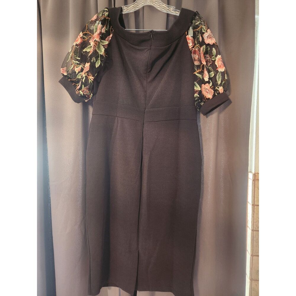 Zshujun Women's XL NWT Black Dress with Sheer Floral Lace Short Sleeves - Picture 4 of 7